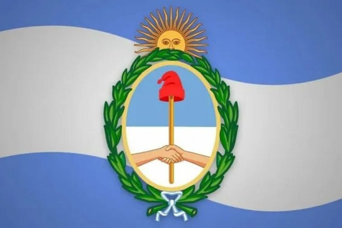 escudo- bandera argentina celeste y blanco- hojas verdes- manos entrelazadas-gorro rojo-sol amarillo