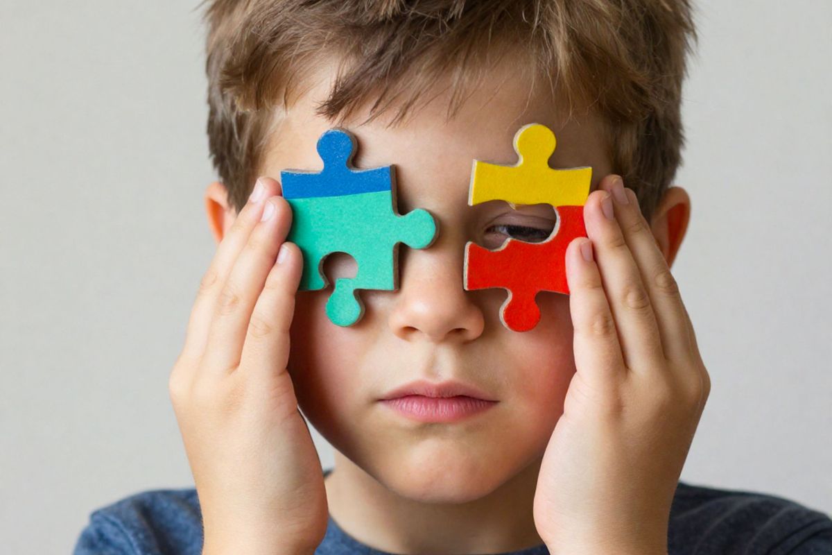niño piezas de rompecabeza en sus ojos