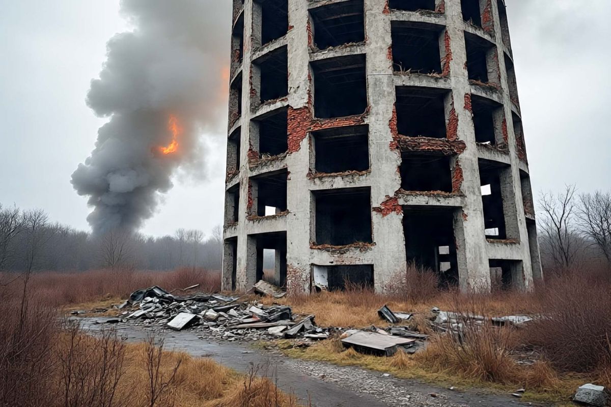 edificio ruinas fuego humo
