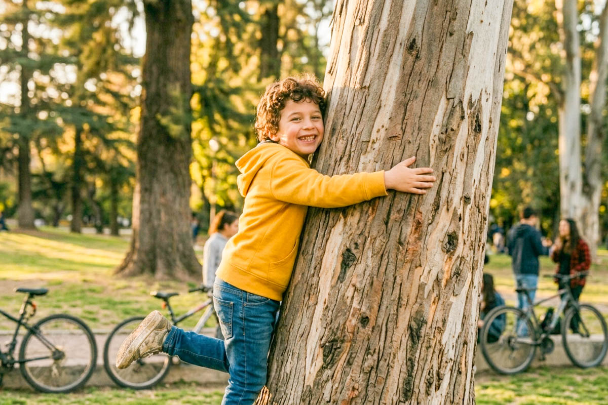 niño jugando abrazado a un árbol en un bosque