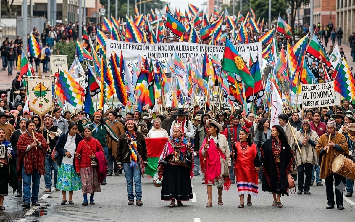 multitud de gente-banderas-manifestación- colectividad indígena