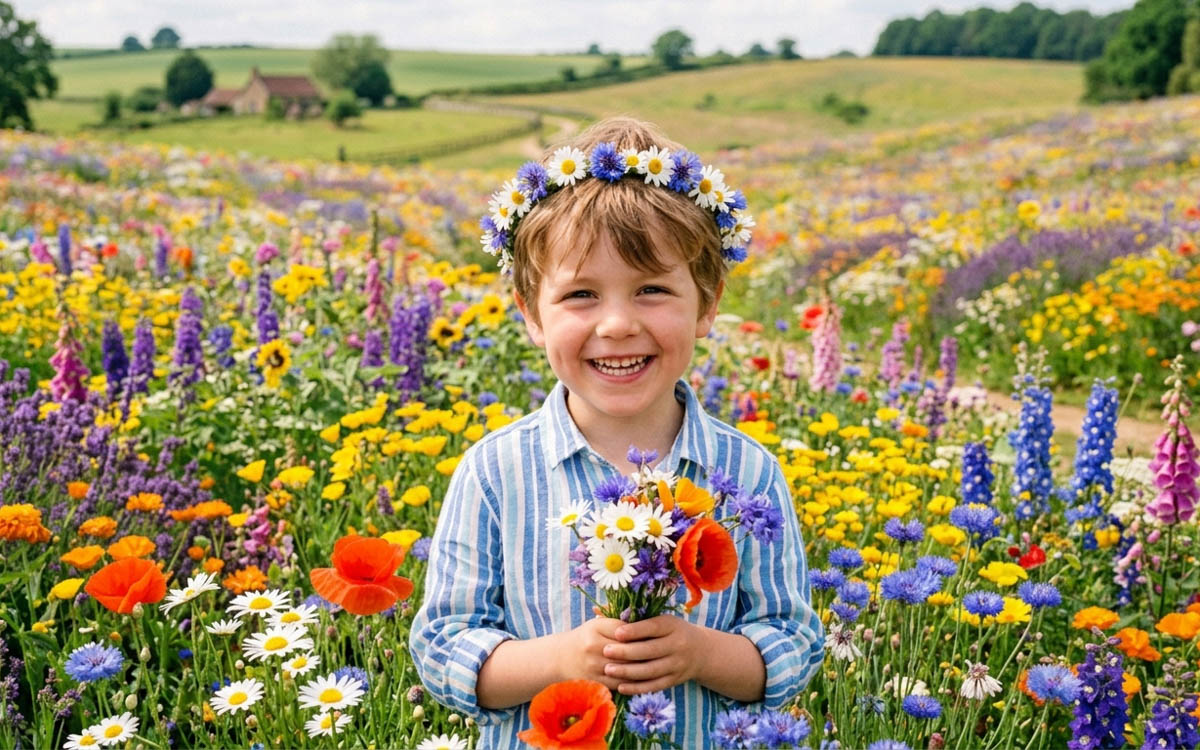 niños - pradera llena de flores de colores- cielo- arboles