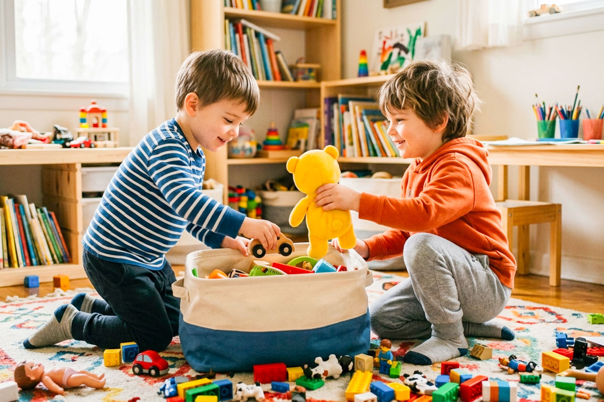 niños jugando con juguetes en un cuarto