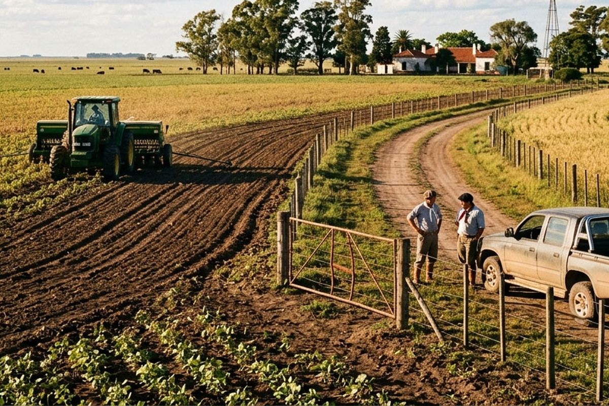 campo- tractor-obreros-camino-casa- obreros