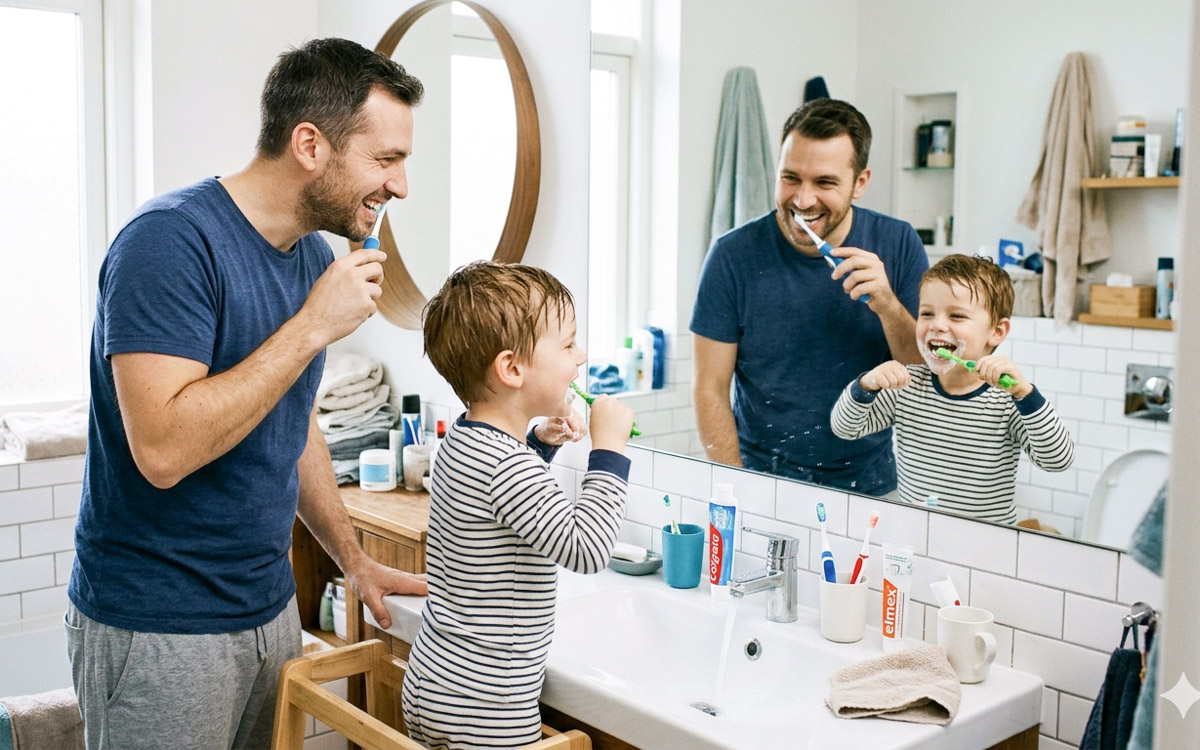 Papá y niños cepillando sus dientes