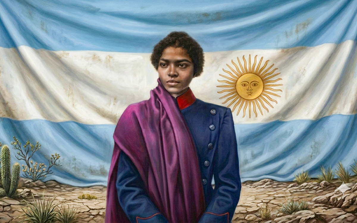 bandera celeste y blanca-sol amarillo-mujer afro